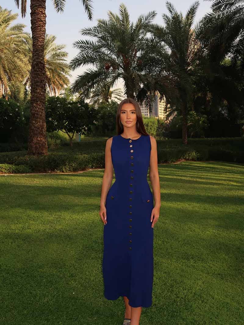 Women's Sleeveless Ribbed Knit Midi Dress with Gold Buttons, Fitted Silhouette-77217-4a9ded0a-2460-49ff-a53c-c4eb4c35eaeb