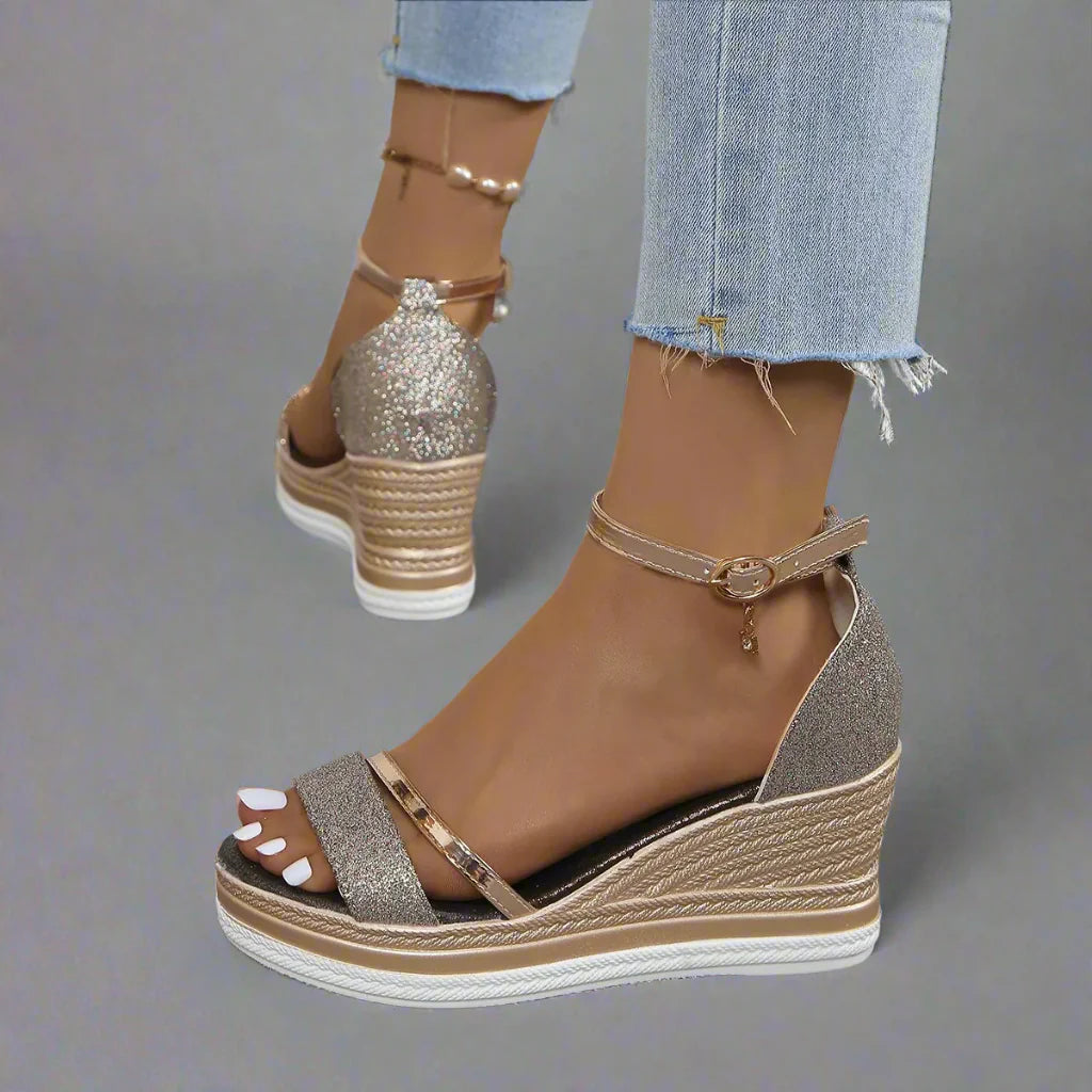 Women's Glitter Wedge Sandals with Ankle Strap, Open Toe & Platform Sole-83231-4bc09d8d-c282-4921-aecd-536fb7fb3268