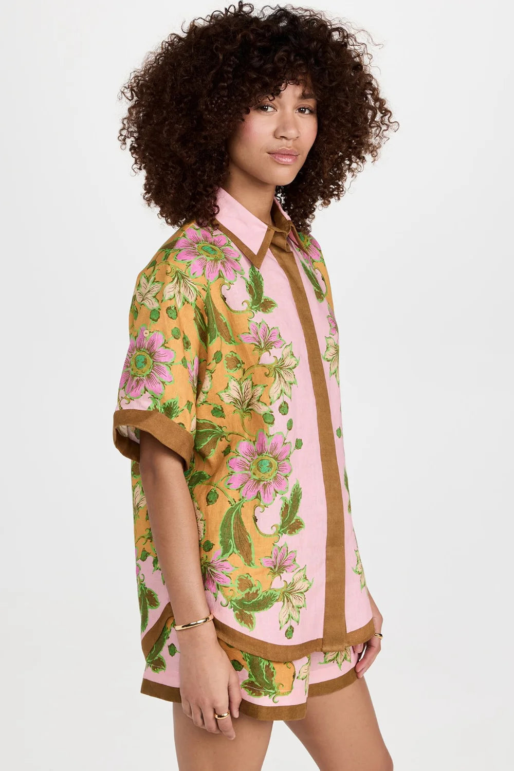 Women's Pink Floral Linen Button-Down Short Sleeve Top – Relaxed Fit, Bohemian Style, Sydney Wardrobe-80014-4d55b24c-eb92-466c-bd93-5dccbd8a9970