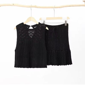 Women's Open-Knit Two-Piece Set – Sleeveless Top, Scalloped Hem Skirt, Drawstring Waist, Bohemian, Black/Off-White-81510-4f3a46d9-2e01-4332-9b50-ee0044ecad7e