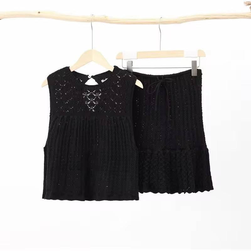 Women's Open-Knit Two-Piece Set – Sleeveless Top, Scalloped Hem Skirt, Drawstring Waist, Bohemian, Black/Off-White-81510-4f3a46d9-2e01-4332-9b50-ee0044ecad7e
