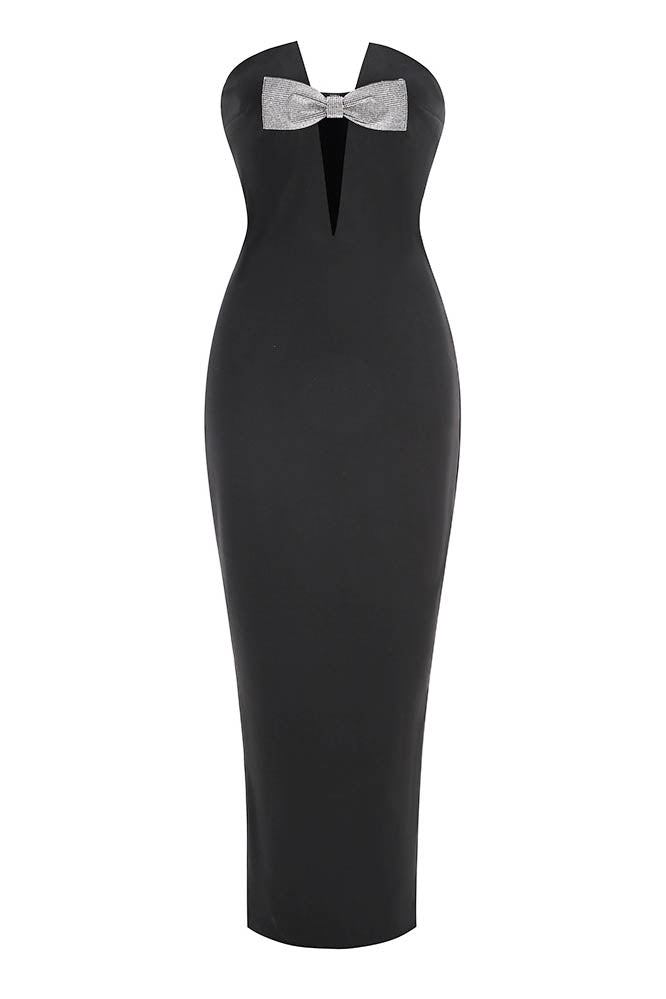 Women's Black Strapless Gown – Embellished Bow, Keyhole, Floor-Length, Silk Satin-81091-4f81fd2a-7306-4a14-81fd-1ec0bc865f61