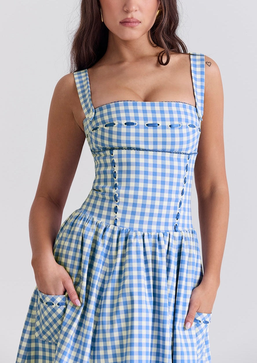 Women's Gingham Dress – Square Neck, Button Front, Classic Summer Style-83592-4fdb9d00-b93d-4ace-bf13-3d9613a8dbc4