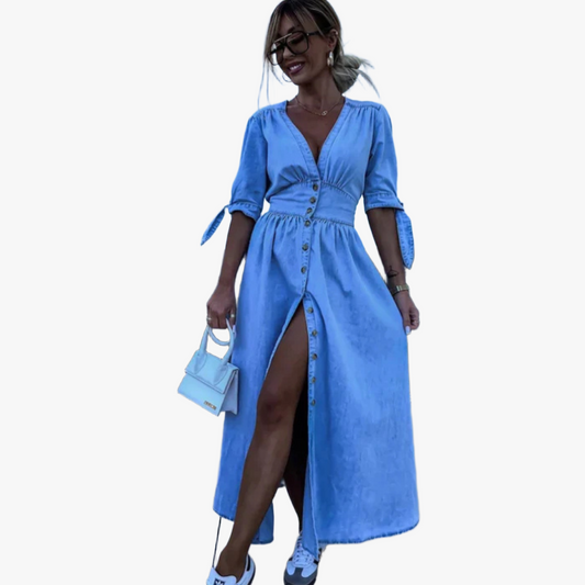 Women's Light Blue Denim Maxi Dress – V-Neck, Tie Sleeves, High Slit-67725-50684c5d-fb77-4276-bbce-119e46ab296f