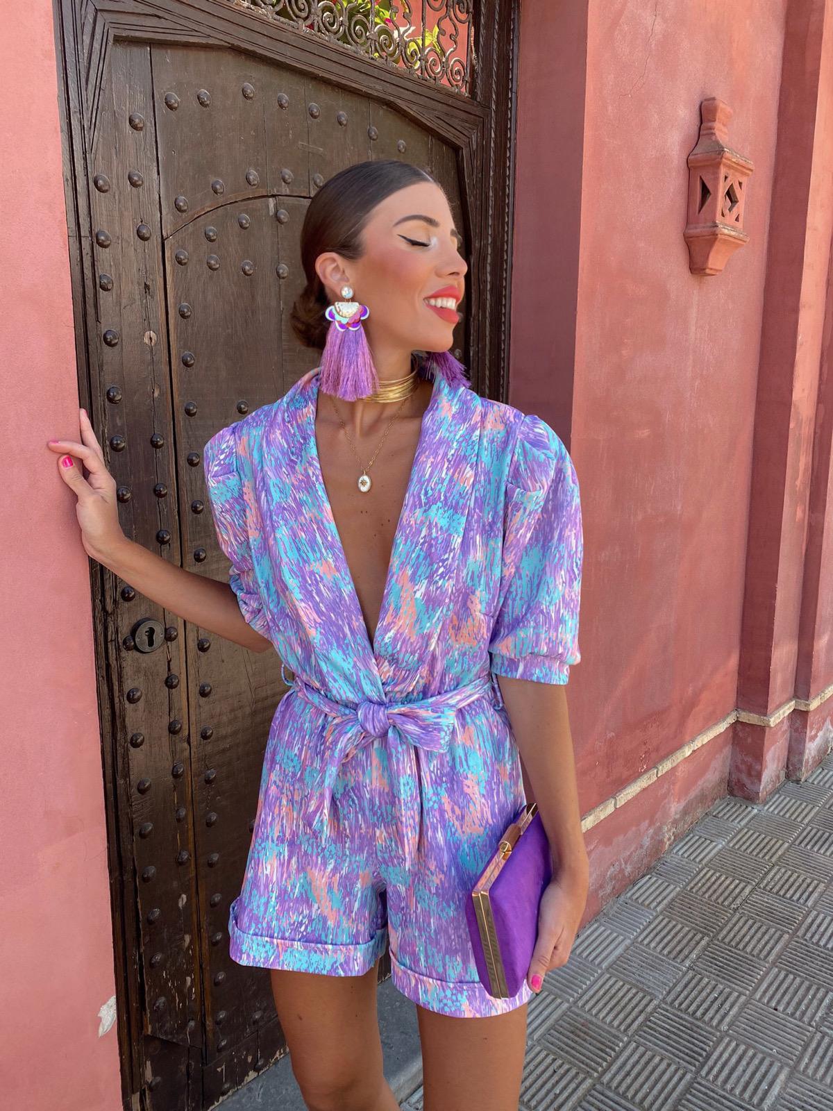 Women's Abstract Print Wrap Romper – Silk Blend, Deep V-Neck, Short Sleeve-78406-51311376-023a-4372-8e93-2f480ed242b3