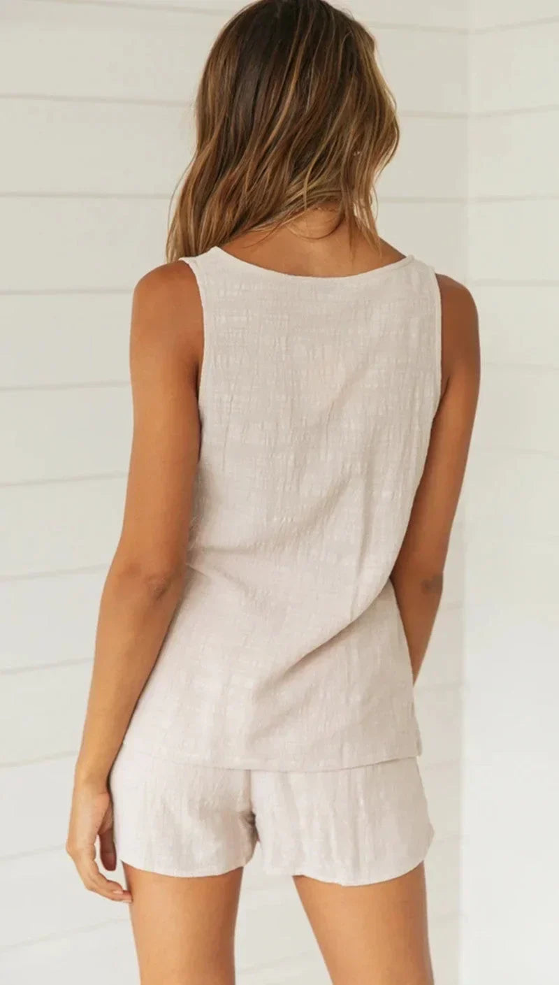 Women's Beige Linen Matching Set - V-Neck Button-Down Top & Elastic Shorts, Casual Relaxed Style-81169-51aee07d-8e11-4492-9dbc-a13d2f61fa25
