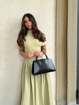 Women's Pleated Dress – Fitted Bodice, Midi/Floor Length, High Neckline or One-Shoulder, Green/Black, Sydney Wardrobe-77276-51bc5377-5550-439d-8261-504028cf56a0