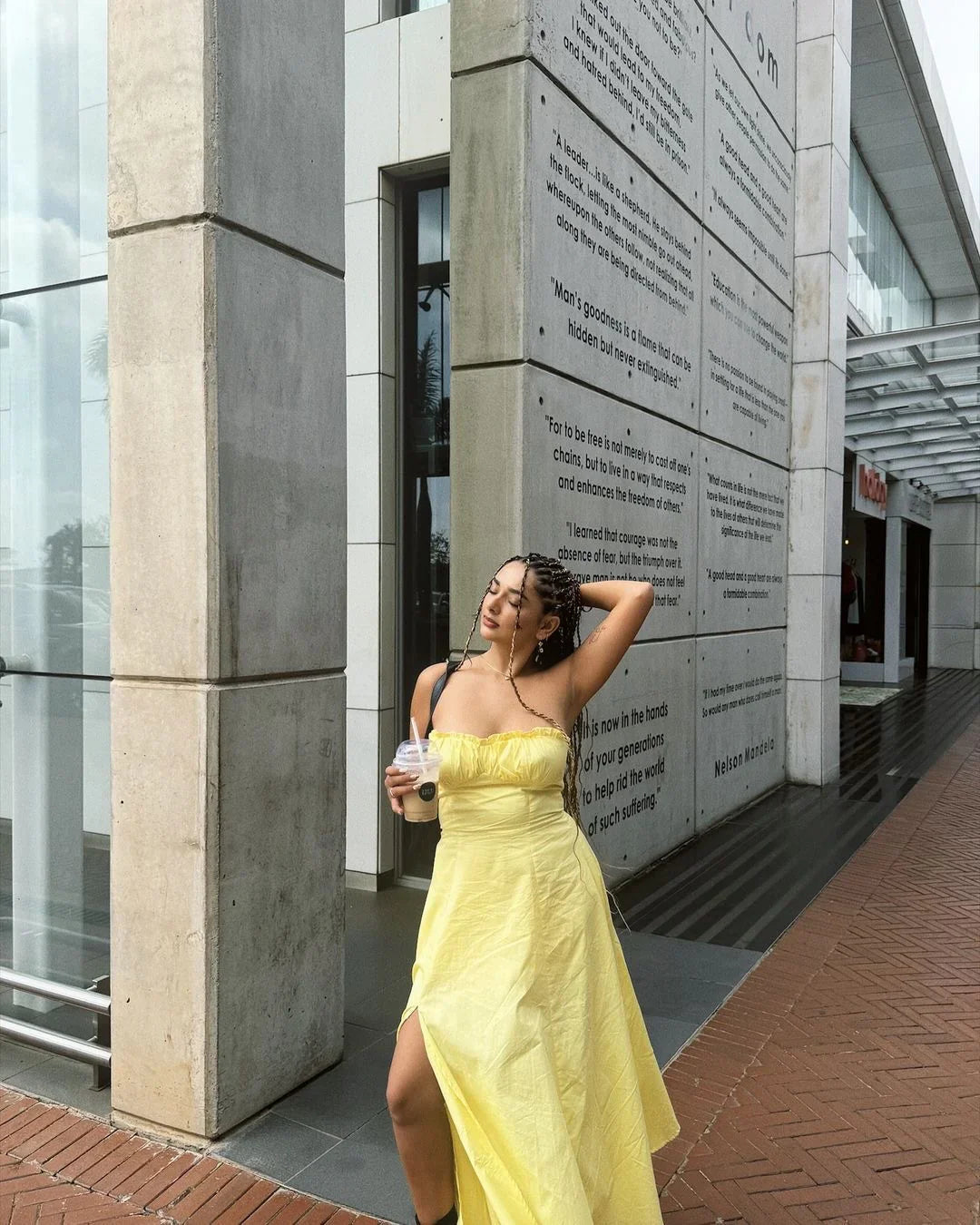 Women's Yellow Strapless Dress – Ruffled Neckline, A-Line, Side Slit-77076-52a50417-b718-4545-997a-798667016792