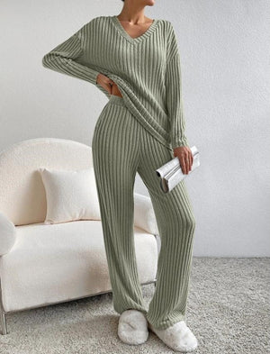 Women's Ribbed Knit V-Neck Loungewear Set – Wide Leg Pants, Relaxed Fit – Green, Black, Beige, Blue, Taupe-81343-52c696d7-5f1c-459f-84bc-5eeb178264be