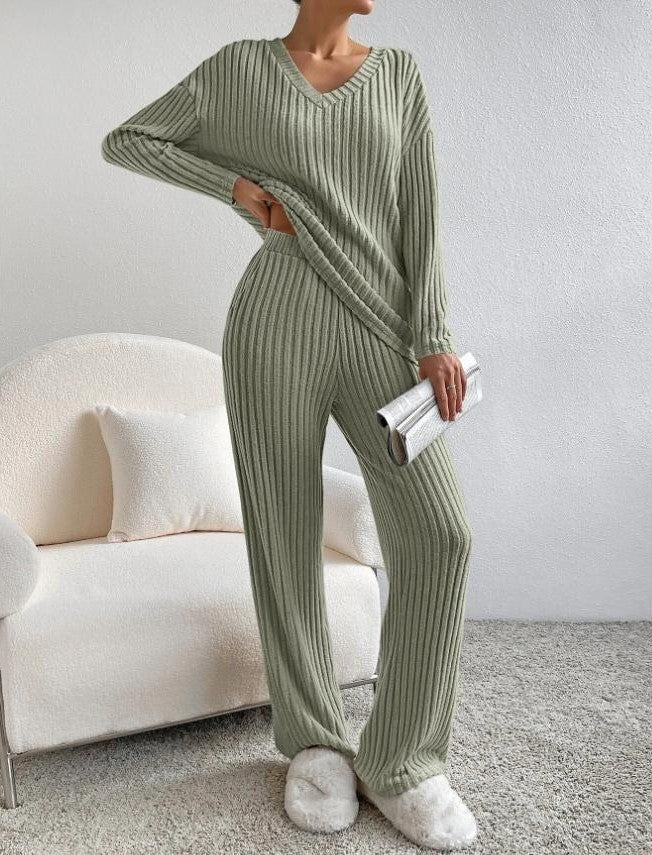 Women's Ribbed Knit V-Neck Loungewear Set – Wide Leg Pants, Relaxed Fit – Green, Black, Beige, Blue, Taupe-81343-52c696d7-5f1c-459f-84bc-5eeb178264be
