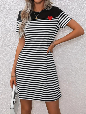 Women's Striped A-Line Short Sleeve Dress – Cotton Blend with Red Heart Appliqué, Casual-82664-530f2841-3a6d-4334-b89f-ea94fc518063