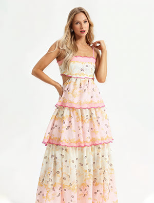 Women's Pink Floral Tiered Midi Dress – Sweetheart Neckline, Cutout, Cotton Blend, Bohemian Style-53161-16979409-844d-42d0-95f9-c2a526e48776