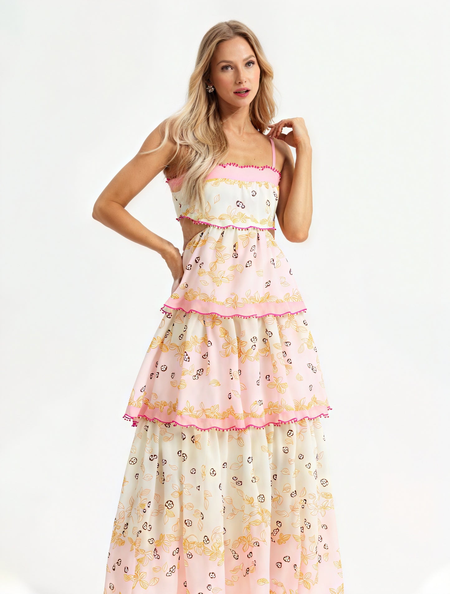 Women's Pink Floral Tiered Midi Dress – Sweetheart Neckline, Cutout, Cotton Blend, Bohemian Style-53161-16979409-844d-42d0-95f9-c2a526e48776