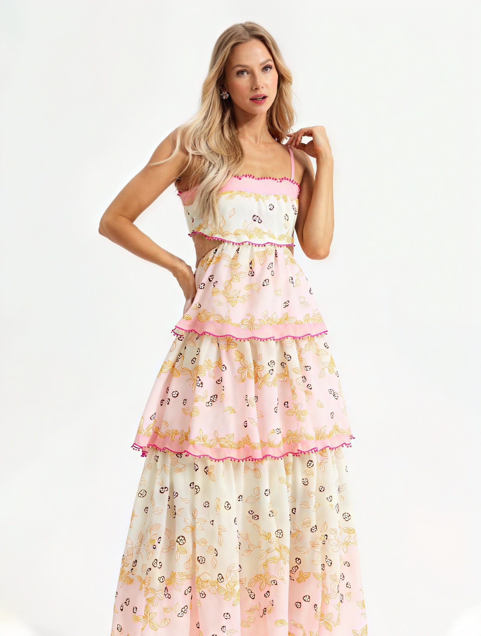 Women's Pink Floral Tiered Midi Dress – Sweetheart Neckline, Cutout, Cotton Blend, Bohemian Style-53161-16979409-844d-42d0-95f9-c2a526e48776
