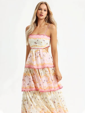 Women's Pink Floral Tiered Midi Dress – Sweetheart Neckline, Cutout, Cotton Blend, Bohemian Style-53161-0f0ff688-a766-4cdf-929b-1e2806a3a8b7
