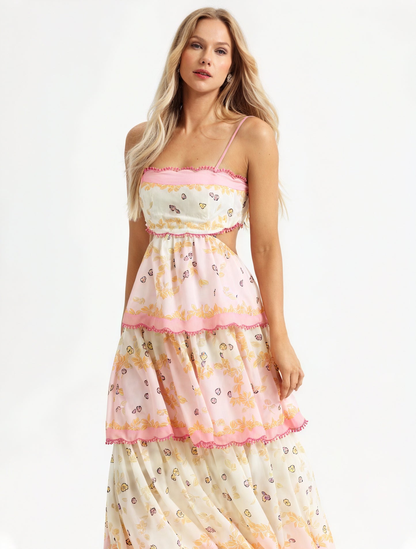 Women's Pink Floral Tiered Midi Dress – Sweetheart Neckline, Cutout, Cotton Blend, Bohemian Style-53161-0f0ff688-a766-4cdf-929b-1e2806a3a8b7