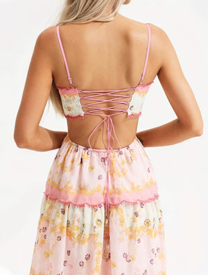 Women's Pink Floral Tiered Midi Dress – Sweetheart Neckline, Cutout, Cotton Blend, Bohemian Style-53161-91a1c039-839b-4475-80bd-59ce3255bcb2