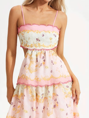 Women's Pink Floral Tiered Midi Dress – Sweetheart Neckline, Cutout, Cotton Blend, Bohemian Style-53161-4cf1536d-2433-441a-b9d6-69489ca75559