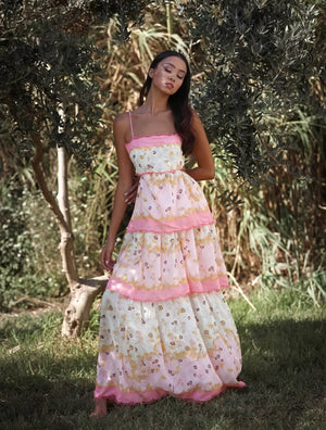 Women's Pink Floral Tiered Midi Dress – Sweetheart Neckline, Cutout, Cotton Blend, Bohemian Style-53161-51b64444-352d-488f-9b23-7de0867f7239