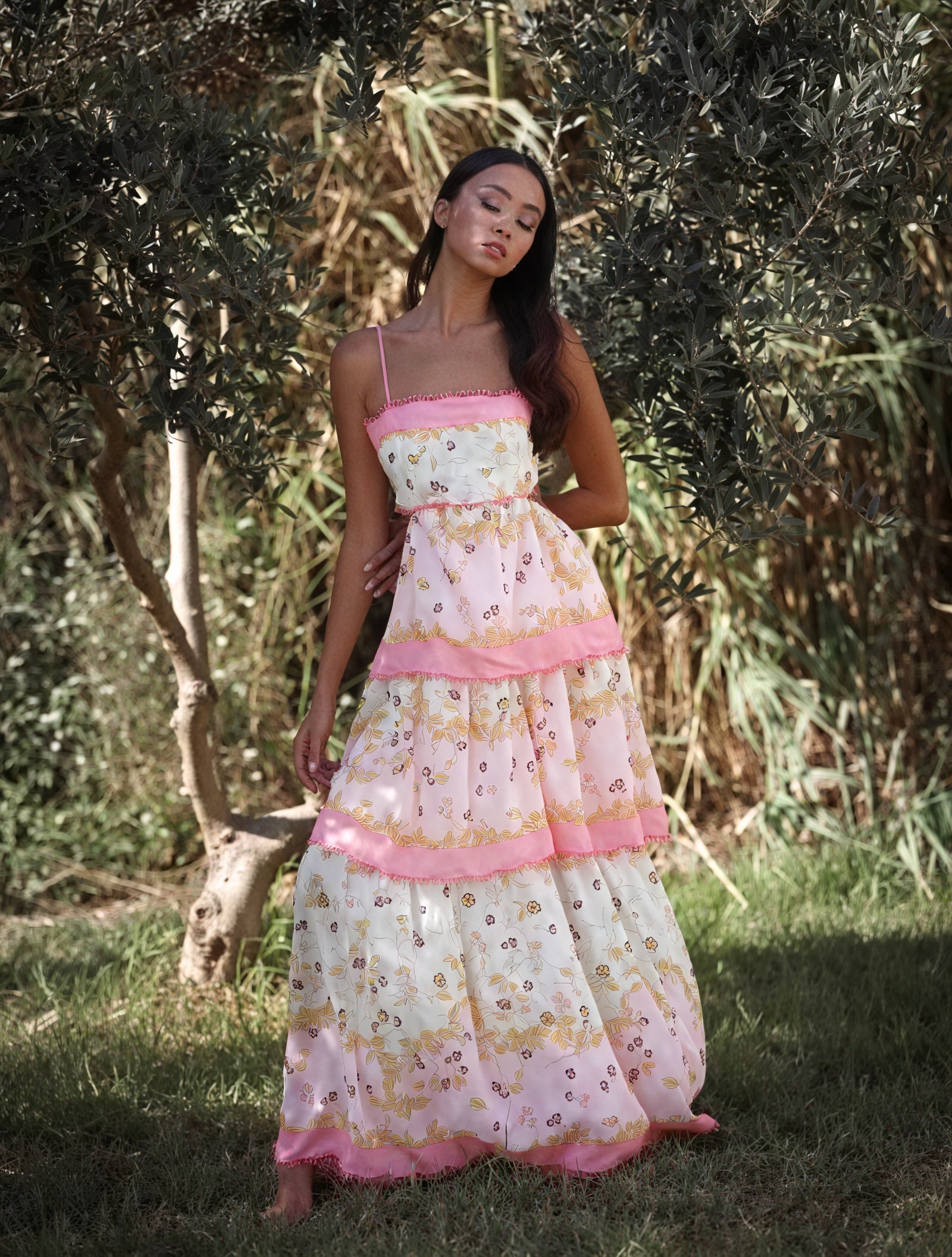 Women's Pink Floral Tiered Midi Dress – Sweetheart Neckline, Cutout, Cotton Blend, Bohemian Style-53161-51b64444-352d-488f-9b23-7de0867f7239