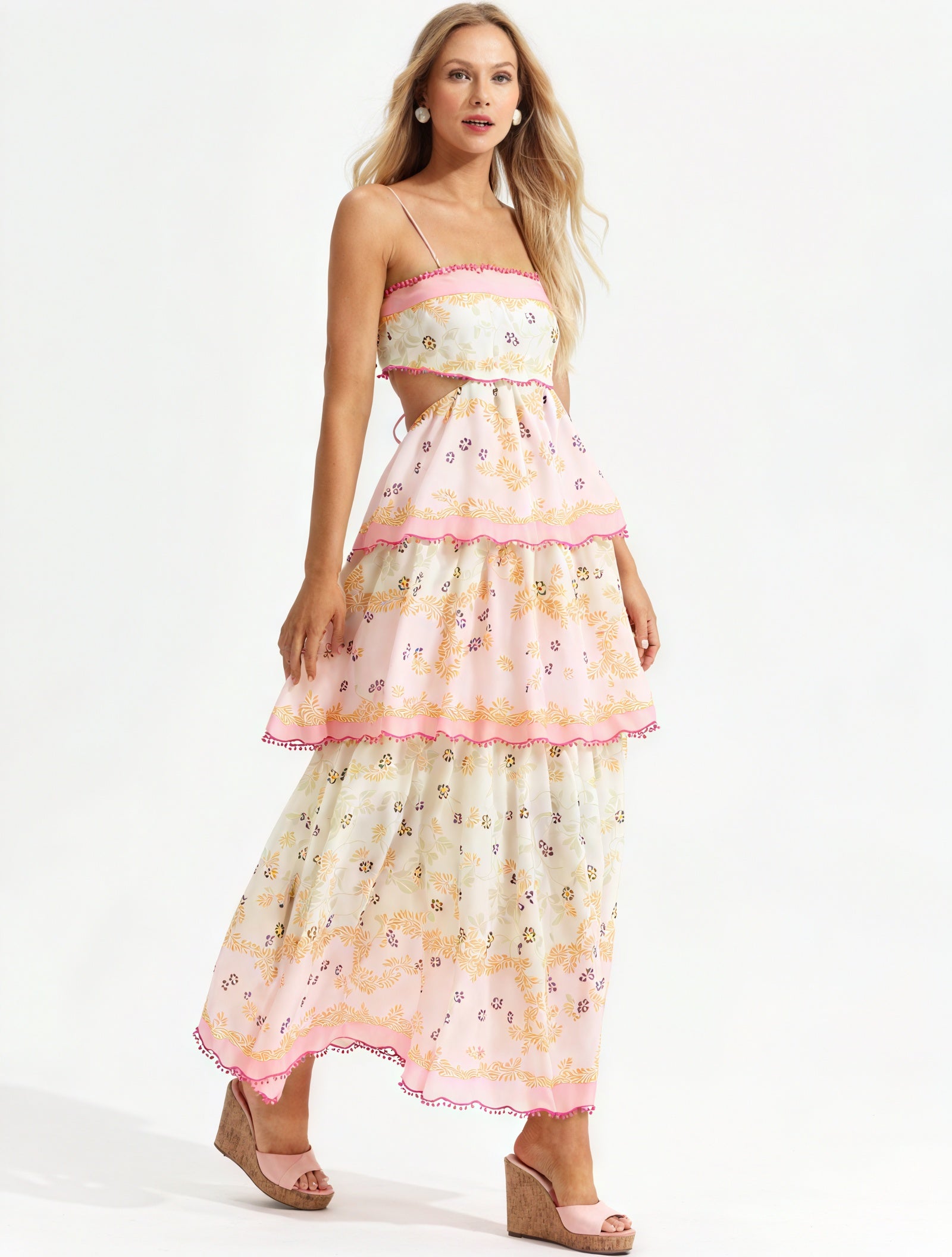 Women's Pink Floral Tiered Midi Dress – Sweetheart Neckline, Cutout, Cotton Blend, Bohemian Style-53161-90328bcd-5f1a-4bf9-86d3-f06800d725a8