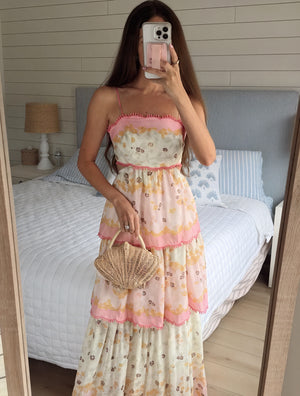 Women's Pink Floral Tiered Midi Dress – Sweetheart Neckline, Cutout, Cotton Blend, Bohemian Style-53161-0941037a-b058-4ac1-a24b-f5af26bf5772