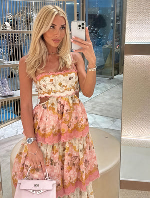 Women's Pink Floral Tiered Midi Dress – Sweetheart Neckline, Cutout, Cotton Blend, Bohemian Style-53161-0ca1837f-7cb2-47af-98dc-8f3cd38c1e00