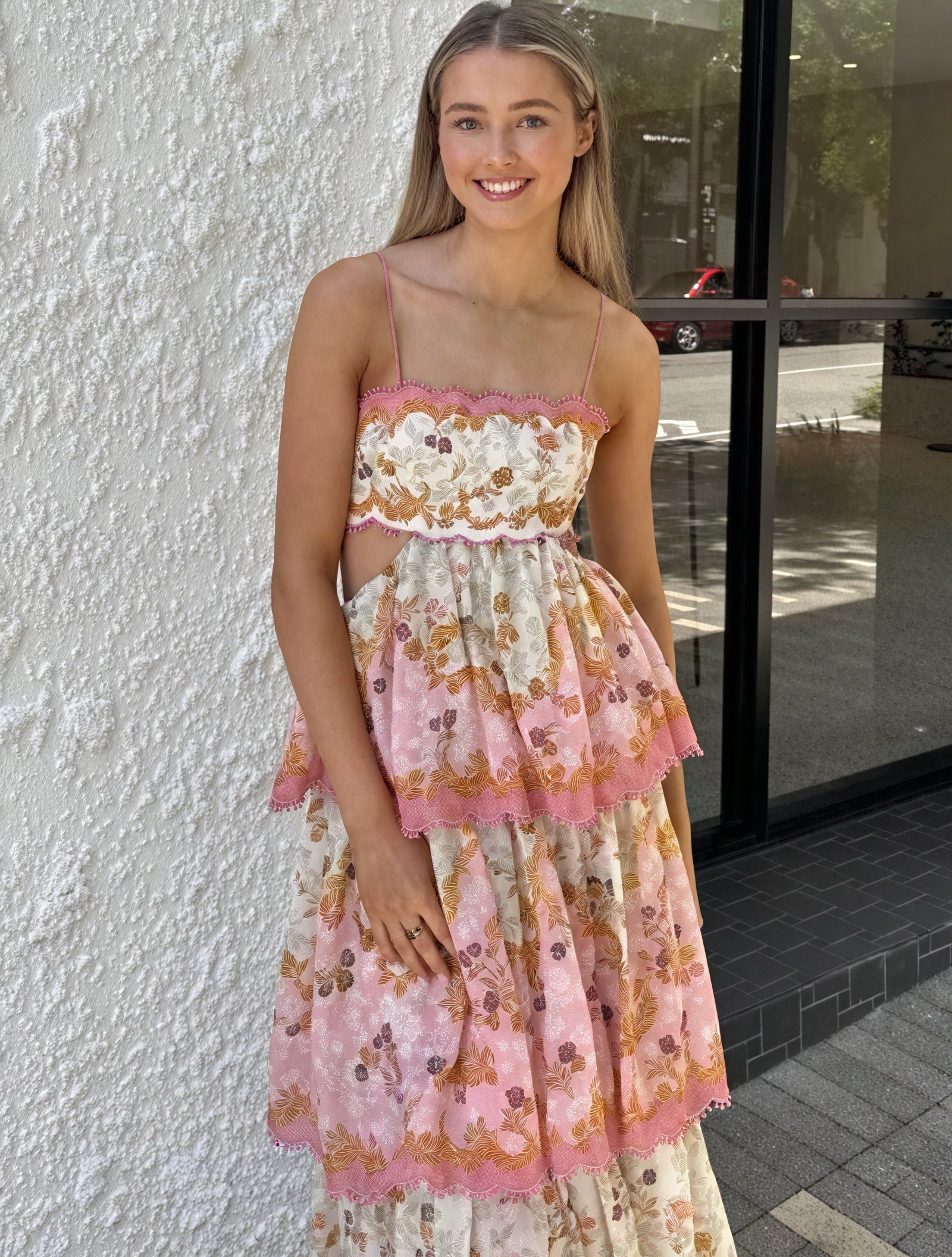 Women's Pink Floral Tiered Midi Dress – Sweetheart Neckline, Cutout, Cotton Blend, Bohemian Style-53161-04d7996a-a0b1-45cd-8701-e13dbb6845fe