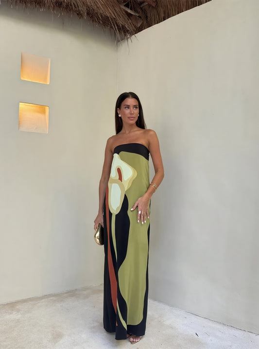 Women's Strapless Maxi Dress – Abstract Print, Multi-Color, Elegant Flowing-53168-a3c96de8-02a7-4388-901d-a4578d9806cb