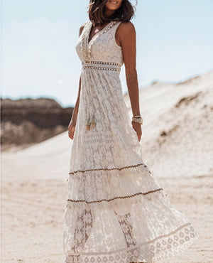 Women's White Lace Midi Dress – V-Neck, Asymmetrical Hem, Bohemian Style-53179-e5437f81-510b-40ed-80e6-2643b9c560f3