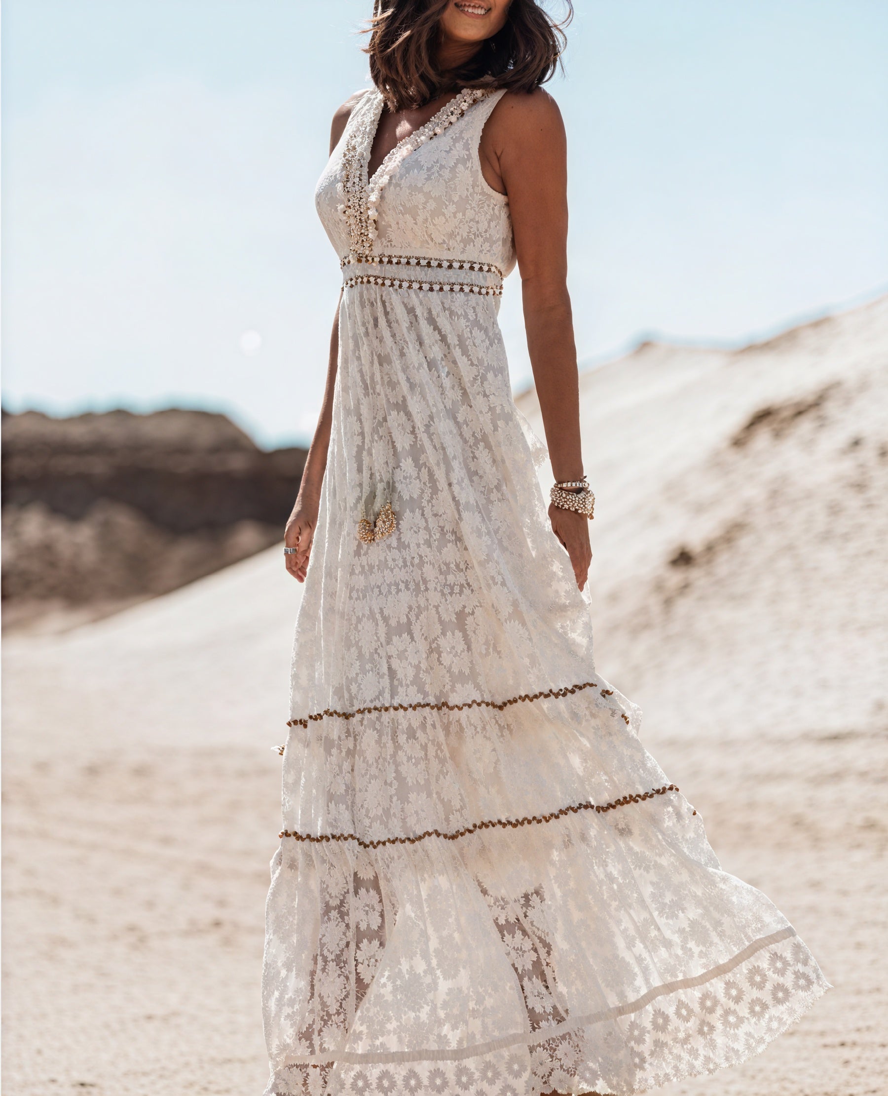 Women's White Lace Midi Dress – V-Neck, Asymmetrical Hem, Bohemian Style-53179-e5437f81-510b-40ed-80e6-2643b9c560f3