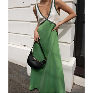 Women's Sleeveless Color-Blocked Maxi Midi Dress – V-Neck, Velvet Silk Blend, Blue Green-53186-93882b57-1574-4033-ad2e-a05811e98ea5