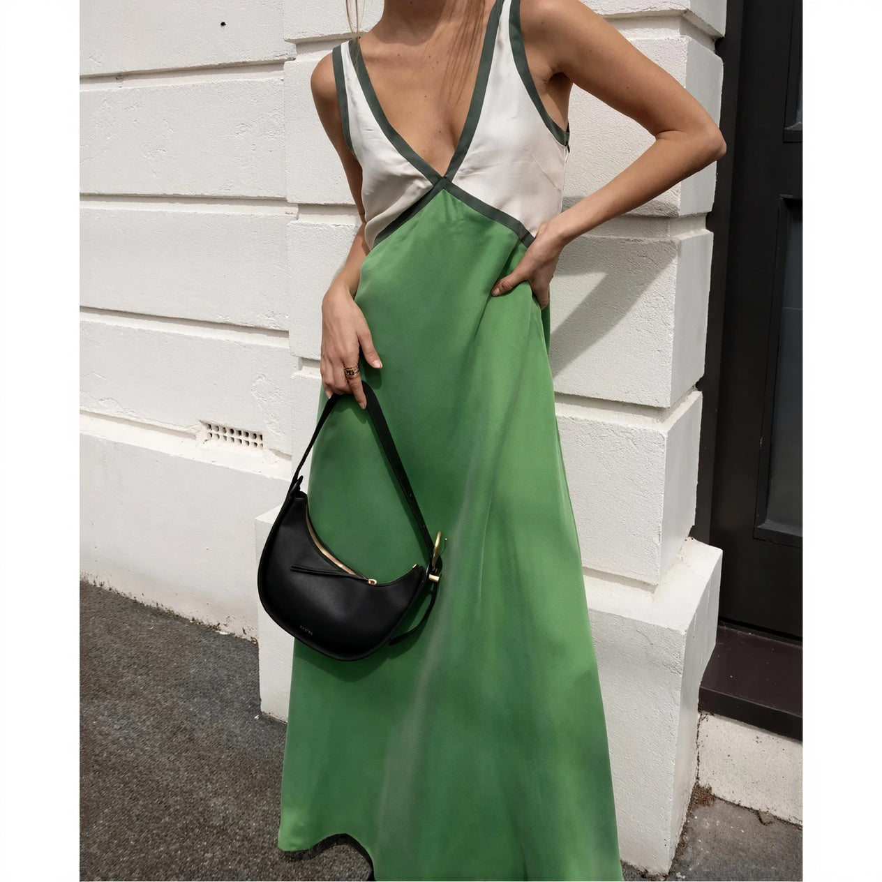 Women's Sleeveless Color-Blocked Maxi Midi Dress – V-Neck, Velvet Silk Blend, Blue Green-53186-93882b57-1574-4033-ad2e-a05811e98ea5