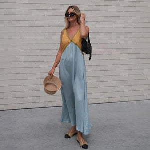 Women's Sleeveless Color-Blocked Maxi Midi Dress – V-Neck, Velvet Silk Blend, Blue Green-53186-6531ae71-a3cf-466b-ab0e-e2af4886e1b6