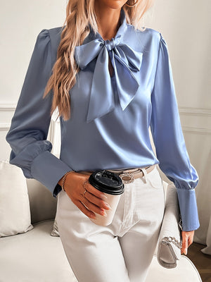 Women's Satin Blouse – Bow Tie Neckline, Puffed Sleeves, Navy/Pink-81414-531d7a8f-ddd4-4d7f-8c0a-a319361d4862