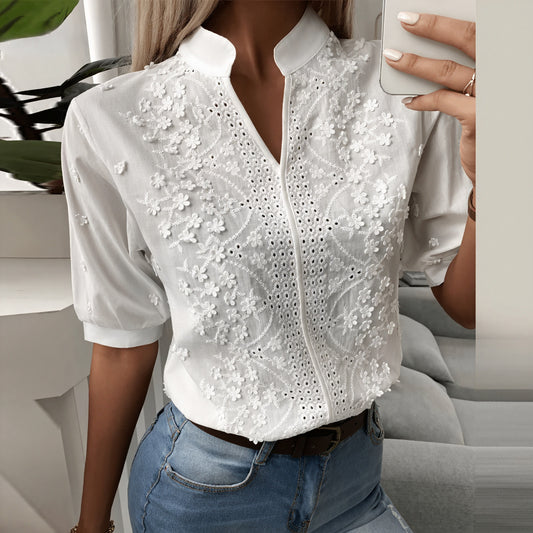 Women's White Cotton Blouse – Floral Embroidery, Eyelet Details, Puffed Sleeves-53209-91004e28-d1a5-423e-bce5-a07ac8452c36