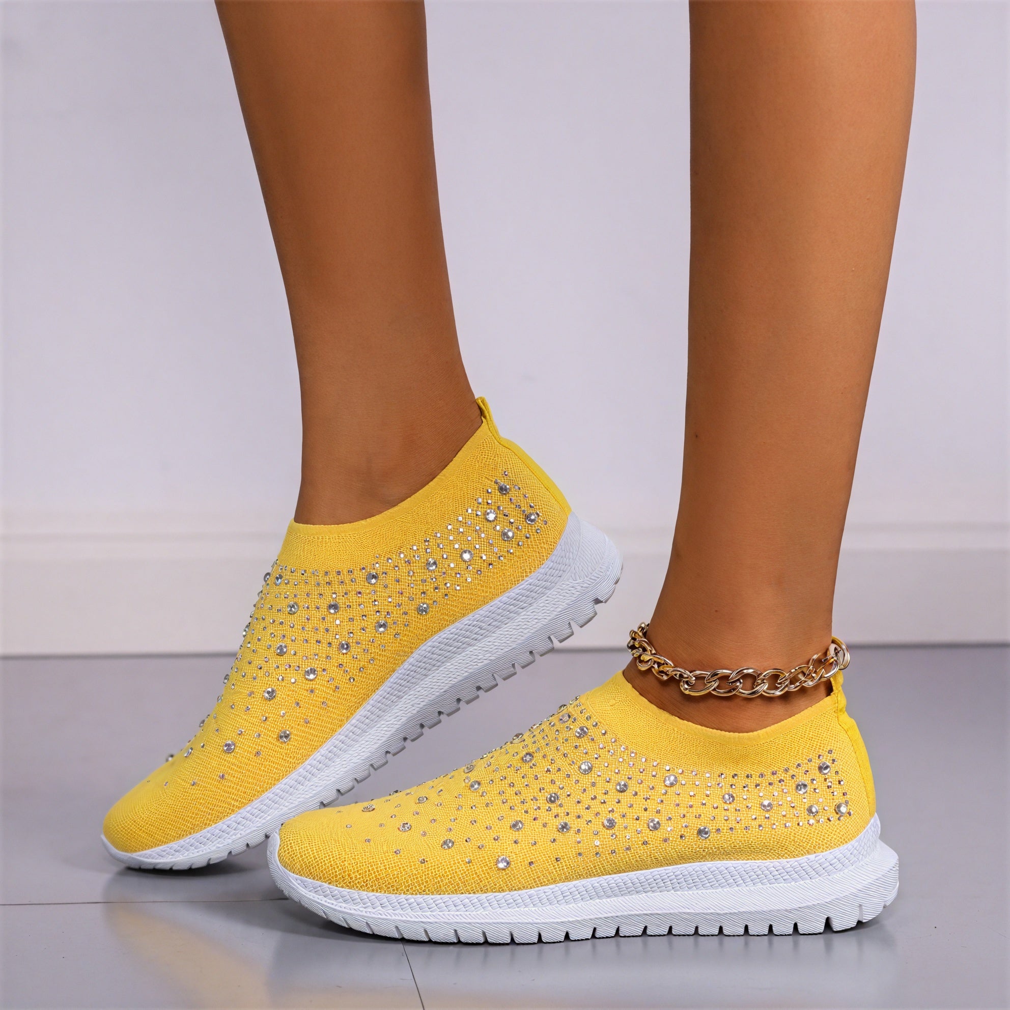 Women's Slip-On Sneakers – Rhinestone Knit Upper, White Sole-53213-56af137a-3a3b-4b35-aeb6-7a7e519642bf