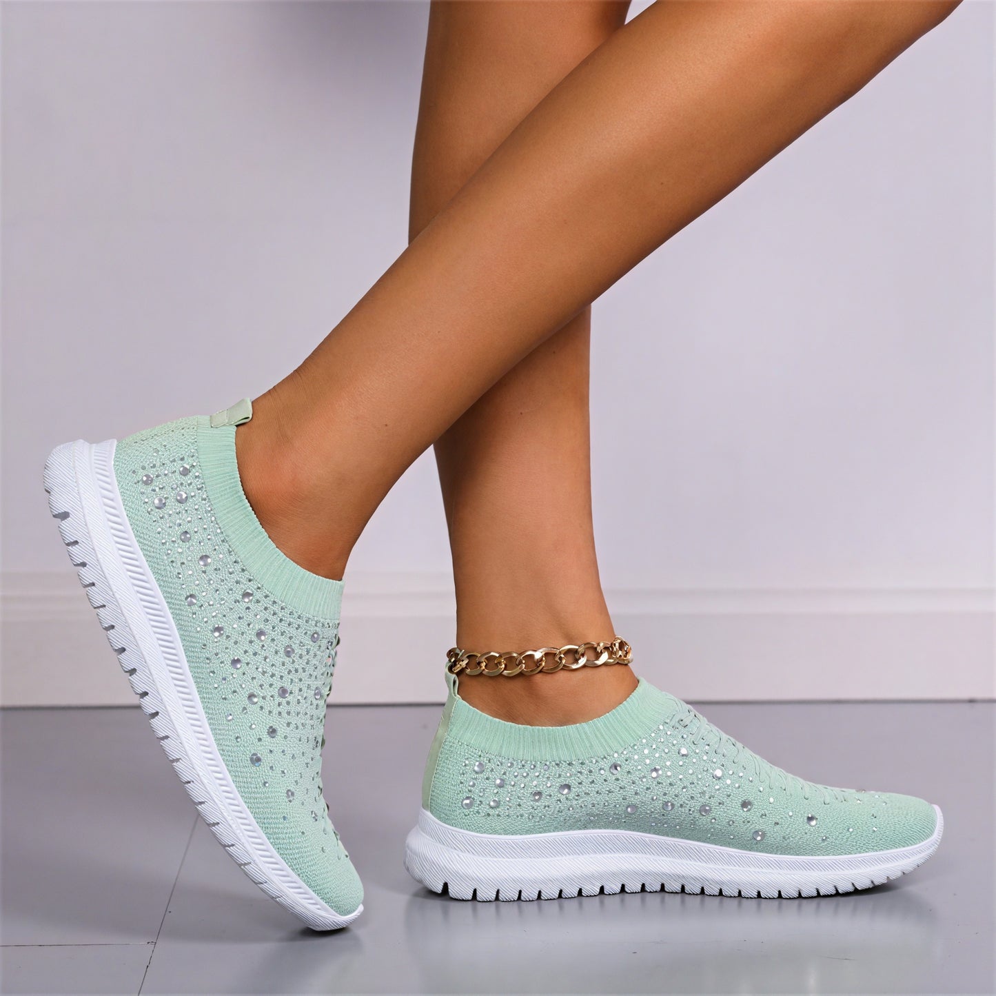 Women's Slip-On Sneakers – Rhinestone Knit Upper, White Sole-53213-4a6641e5-f4b4-4e46-9328-0b257599d568
