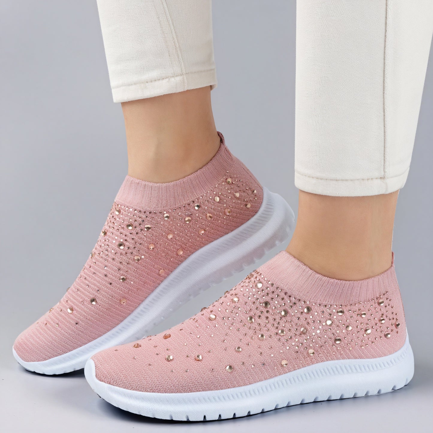 Women's Slip-On Sneakers – Rhinestone Knit Upper, White Sole-53213-54e0b01a-c594-4da7-91a6-612417621068