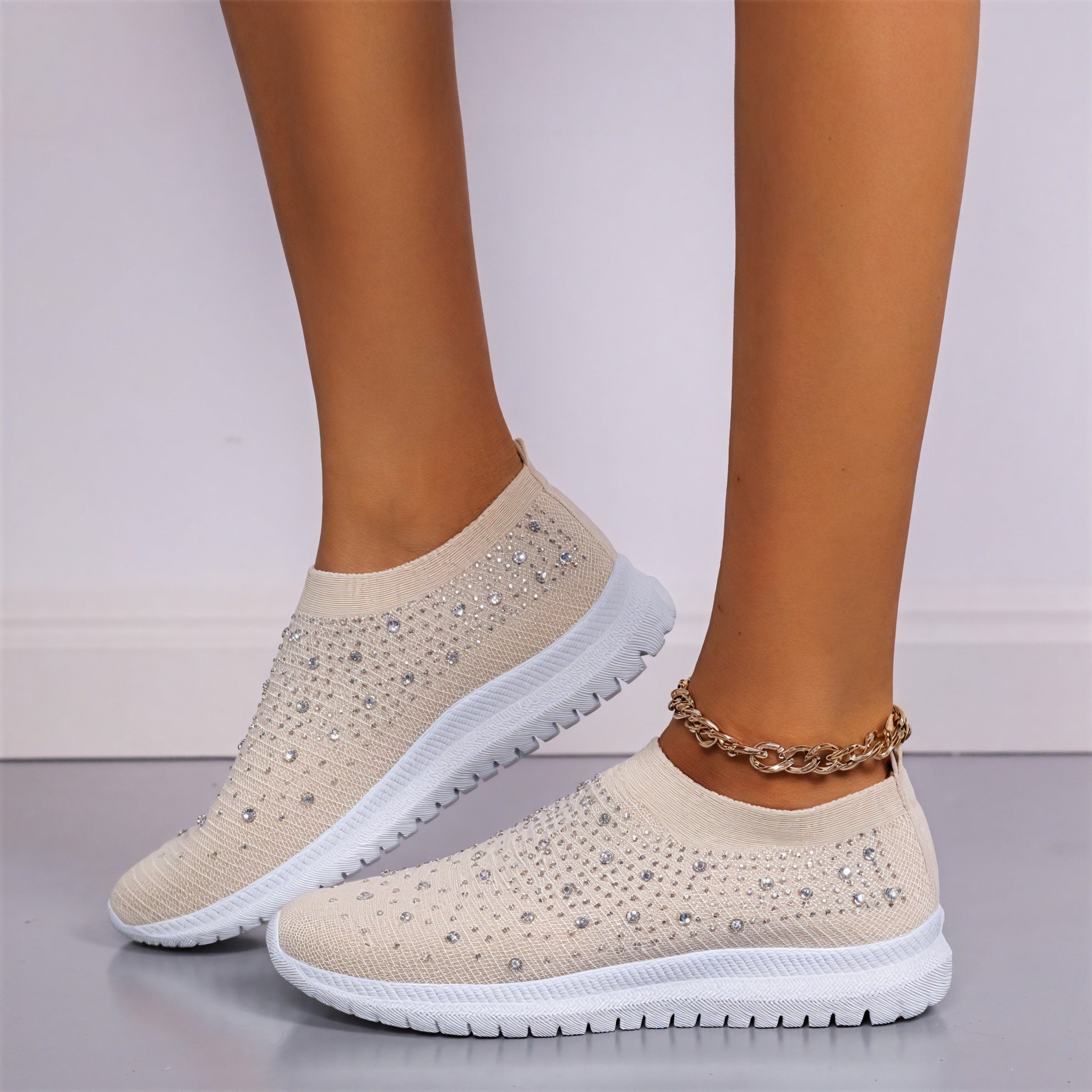 Women's Slip-On Sneakers – Rhinestone Knit Upper, White Sole-53213-7ee70837-7cf0-4f8f-a917-83f057571c99