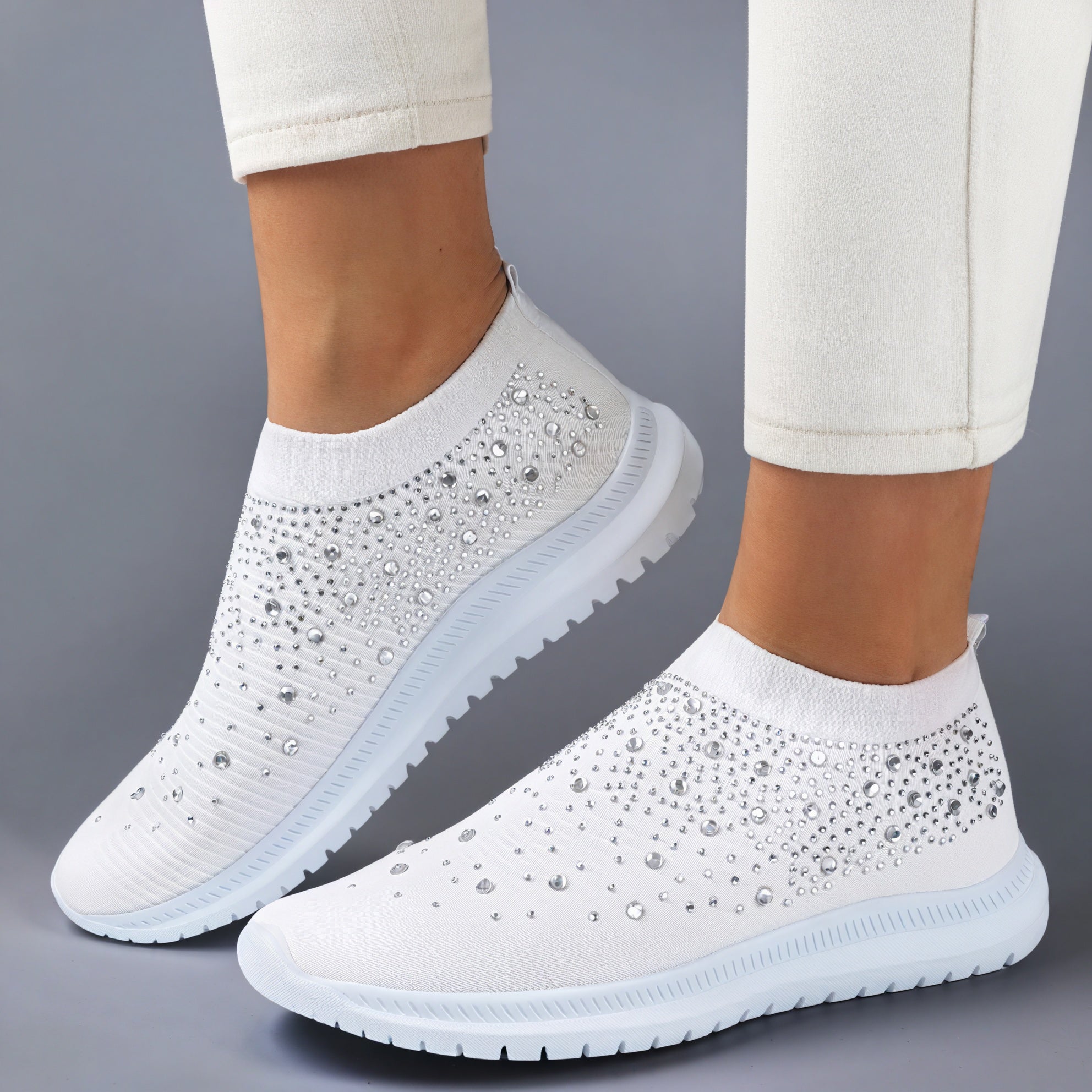 Women's Slip-On Sneakers – Rhinestone Knit Upper, White Sole-53213-0b7bbdbe-fa66-4954-ac28-7a99f90bc53f