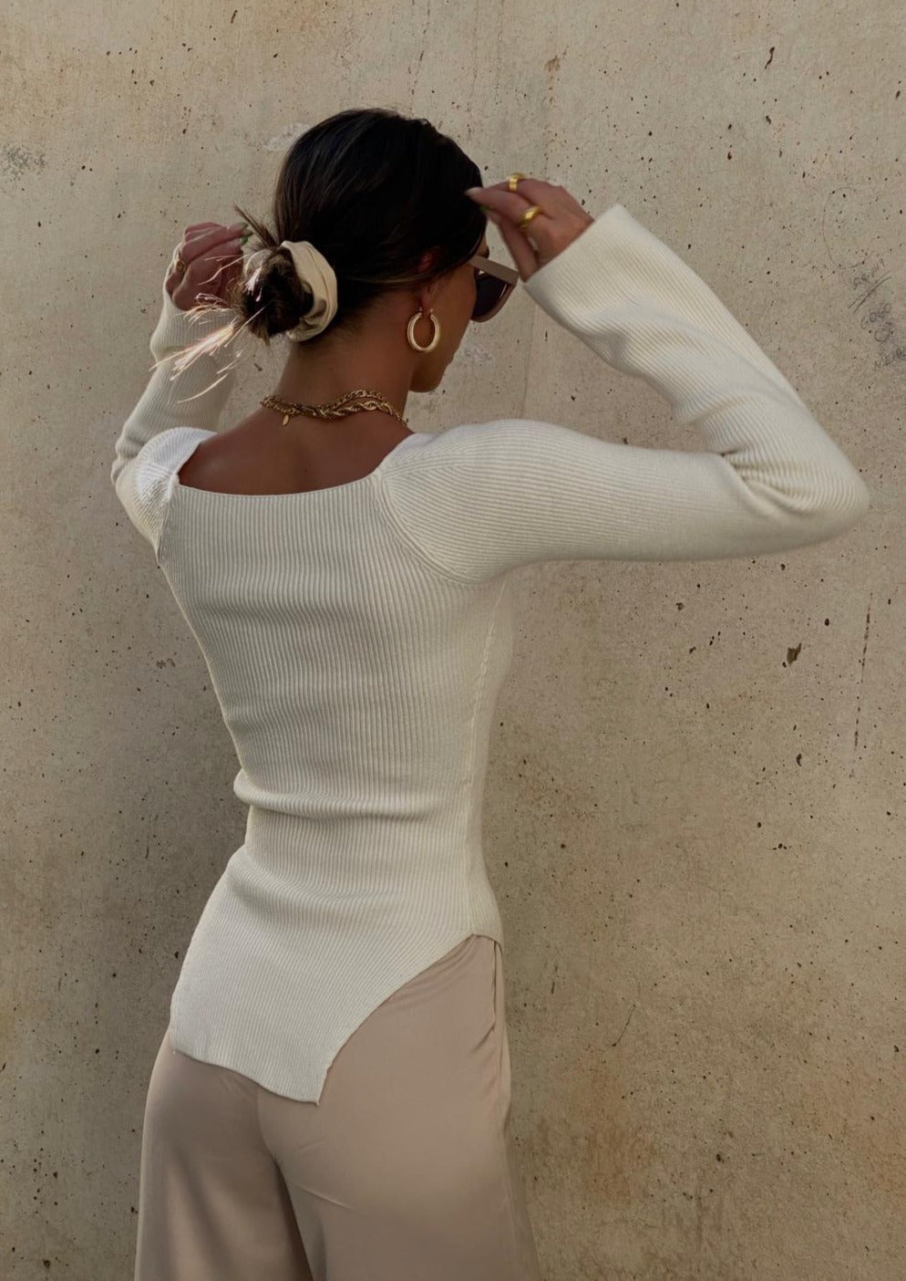 Women's Ribbed Knit Long Sleeve Top – Square Neck, Asymmetrical Hem, Form-Fitting-77124-5337974d-7af7-4fa3-b811-9ef59106ab69