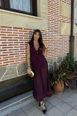 Women's Tailored V-Neck Vest & Pleated Midi Skirt Set - Gold Buttons, Layered Design, Elegant-79608-534e3af2-4586-4c04-be73-adca90332ee2