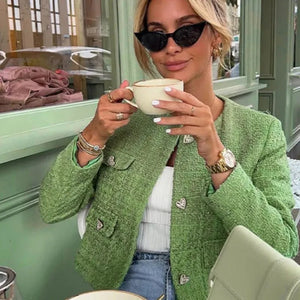 Women's Green Textured Suit Set – Cropped Jacket, Fitted Skirt, Gold Buttons, Cotton Blend-77213-53f1c2e9-c326-493e-ac06-a37b81c66ab4