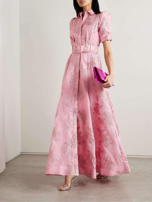 Women's Pink Brocade Maxi Dress – Shirt-Style Top, Belted Waist, Puffed Sleeves, Floral Pattern-83248-54bc065c-81f0-490d-87e0-39d9899b276d