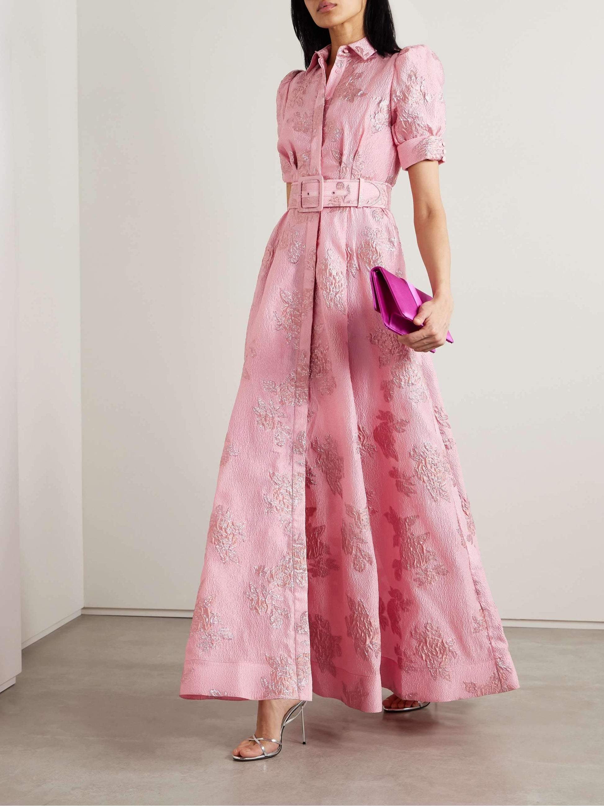 Women's Pink Brocade Maxi Dress – Shirt-Style Top, Belted Waist, Puffed Sleeves, Floral Pattern-83248-54bc065c-81f0-490d-87e0-39d9899b276d
