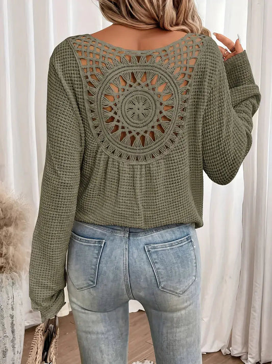 Women's Waffle Knit Long Sleeve Top – Crochet Open Back, Bohemian Style, Light Blue, Burgundy, Cream, Pink, Olive Green-81413-54e4a4f7-f5fb-41fa-afc9-4718ea1d33be