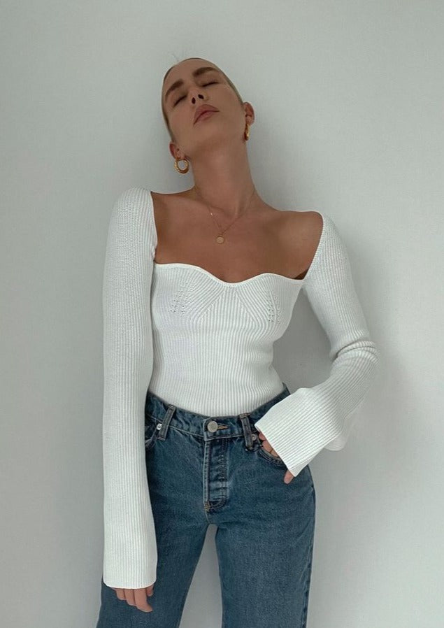 Women's Ribbed Knit Long Sleeve Top – Square Neck, Asymmetrical Hem, Form-Fitting-77124-55615d66-5574-466d-ad3e-93a9923780b0