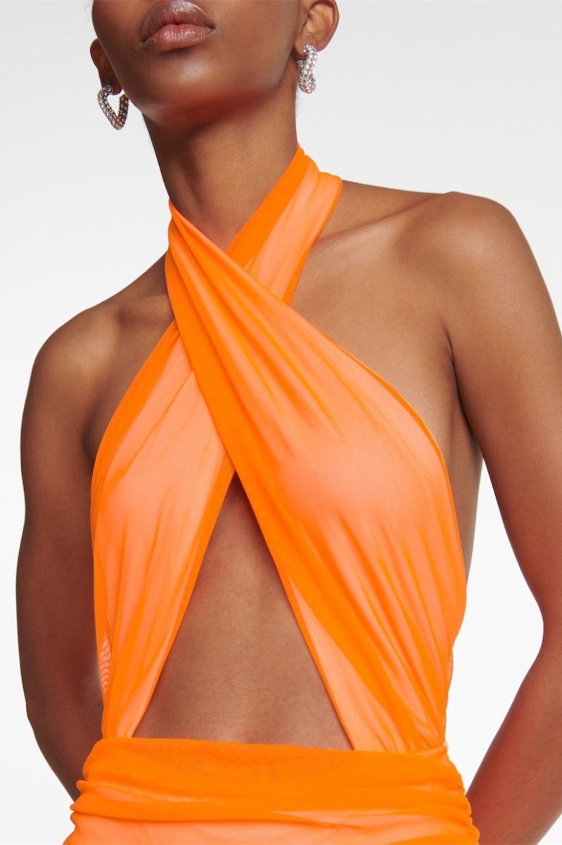 Women's Orange Halter Maxi Dress – Keyhole Cutout, Ruched Bodice, Pleated Skirt, Synthetic-81043-557b086f-04ce-4a47-8b91-87304c126149