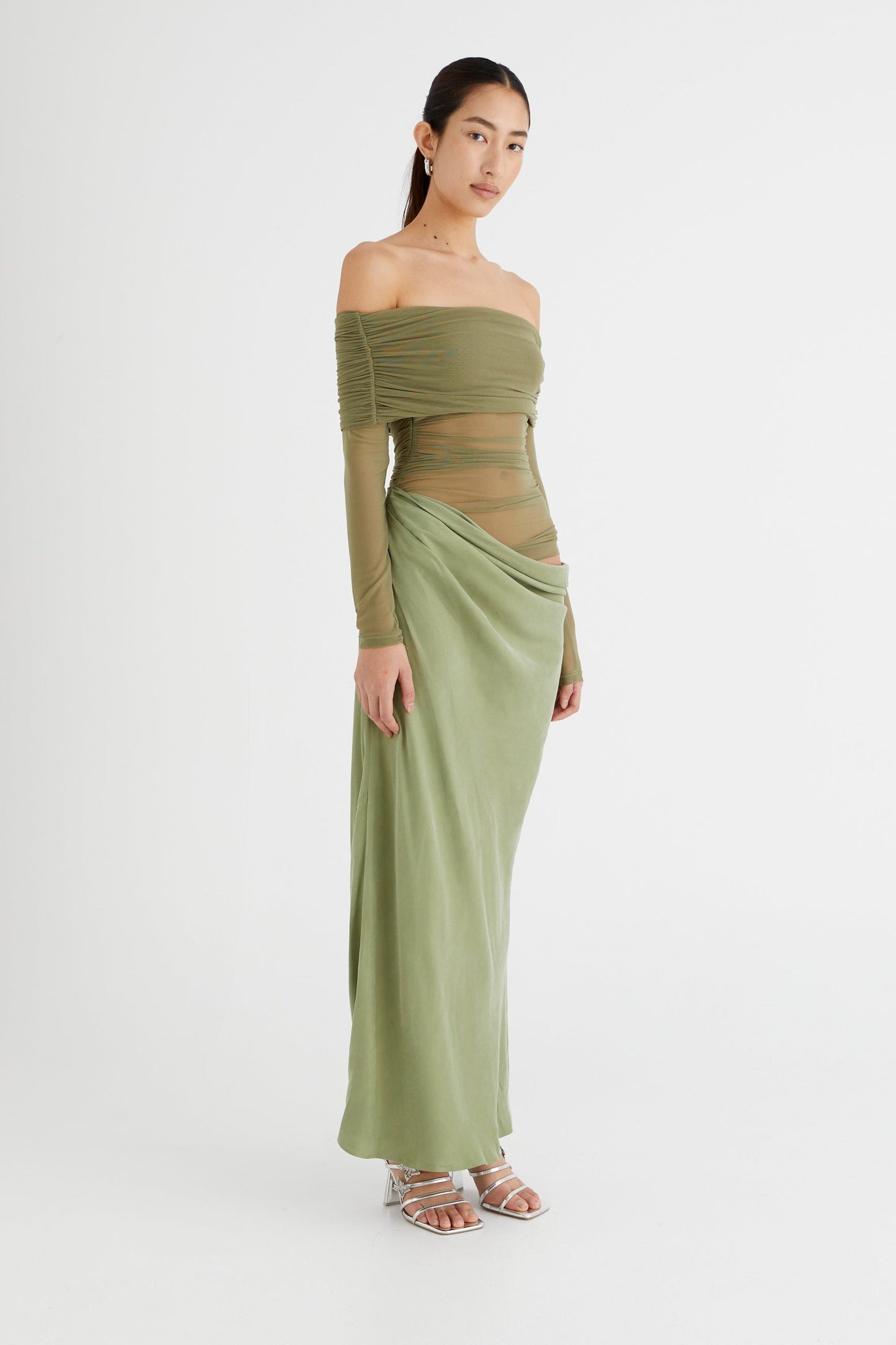 Women's Sheer Mesh Off-Shoulder Maxi Dress - Draped Skirt, Ruched Bodice, Black/Olive Green-81020-55b162f7-5674-461d-a604-f8b793fe7c82